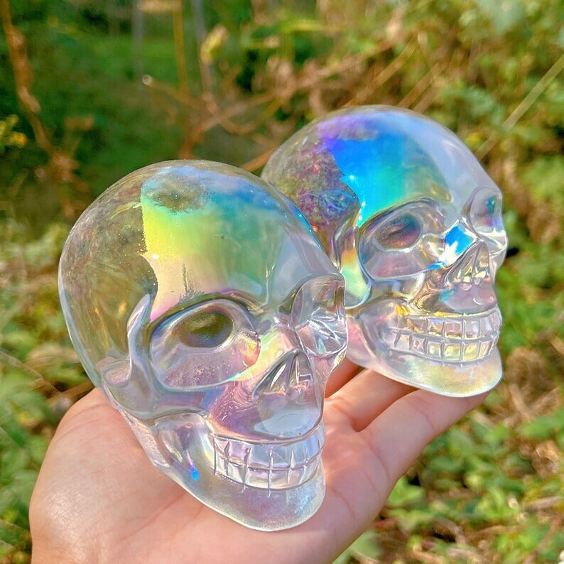 Titanium Rainbow Clear Melting stone Crystal Skull Reiki Heal Mineral Samples