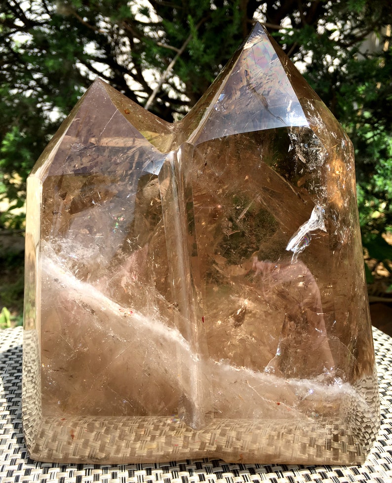 Rare Double Point Clear Rainbow Smoky Crystal Quartz Point/Clear Crystal Tower Meditation Stone/Healing Stone/Chakra