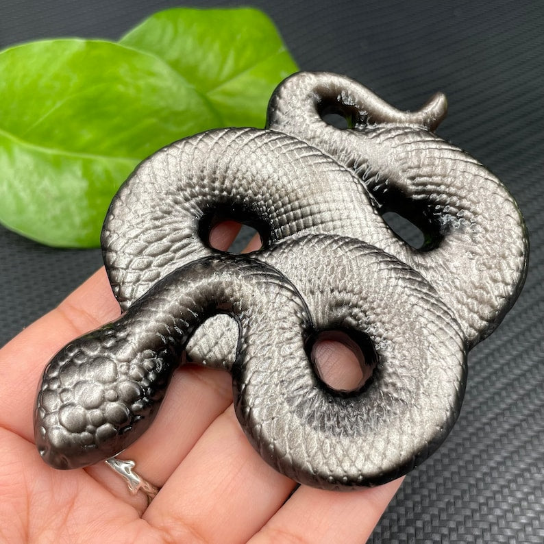 Natural Silver Obsidian Snake,Quartz Crystal Snake,Hand Carved,Home Decoration
