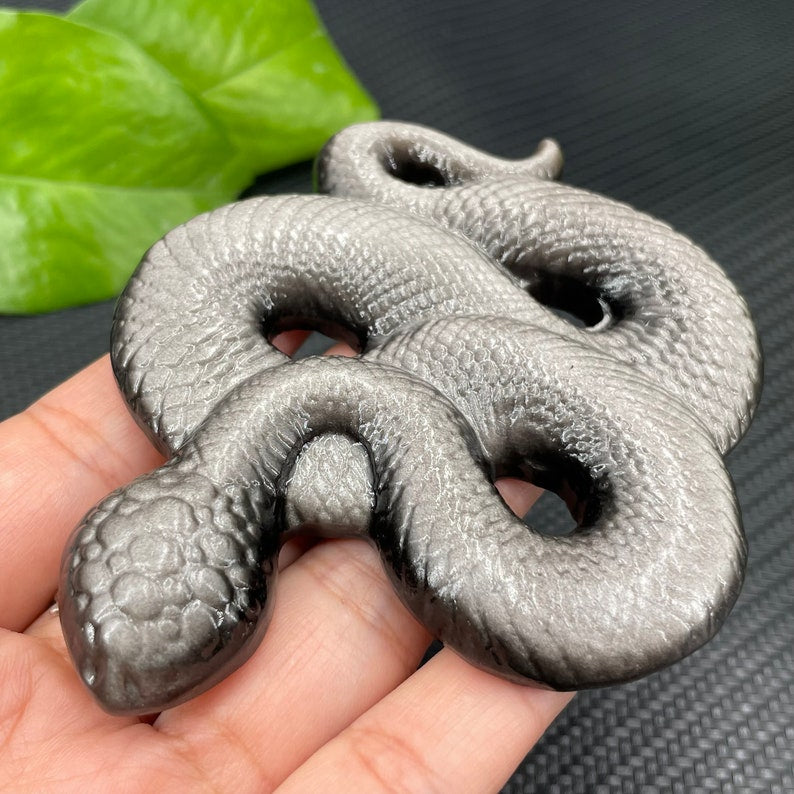 Natural Silver Obsidian Snake,Quartz Crystal Snake,Hand Carved,Home Decoration