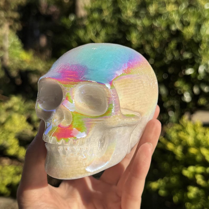 Aura Quartz Skull, Crystal Skull, Quartz Crystal, Home Decor, Rainbow Coated Crystal Carving