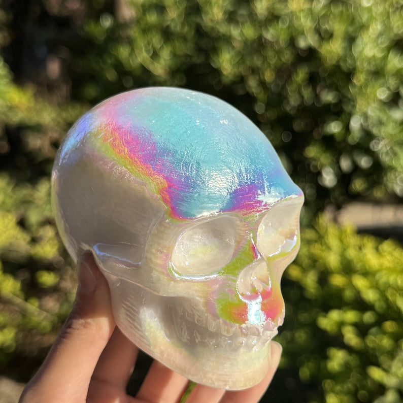 Aura Quartz Skull, Crystal Skull, Quartz Crystal, Home Decor, Rainbow Coated Crystal Carving