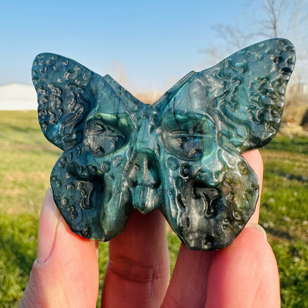 Natural Labradorite Hand Carved Butterfly Skull Quartz Crystal Specimen Healing
