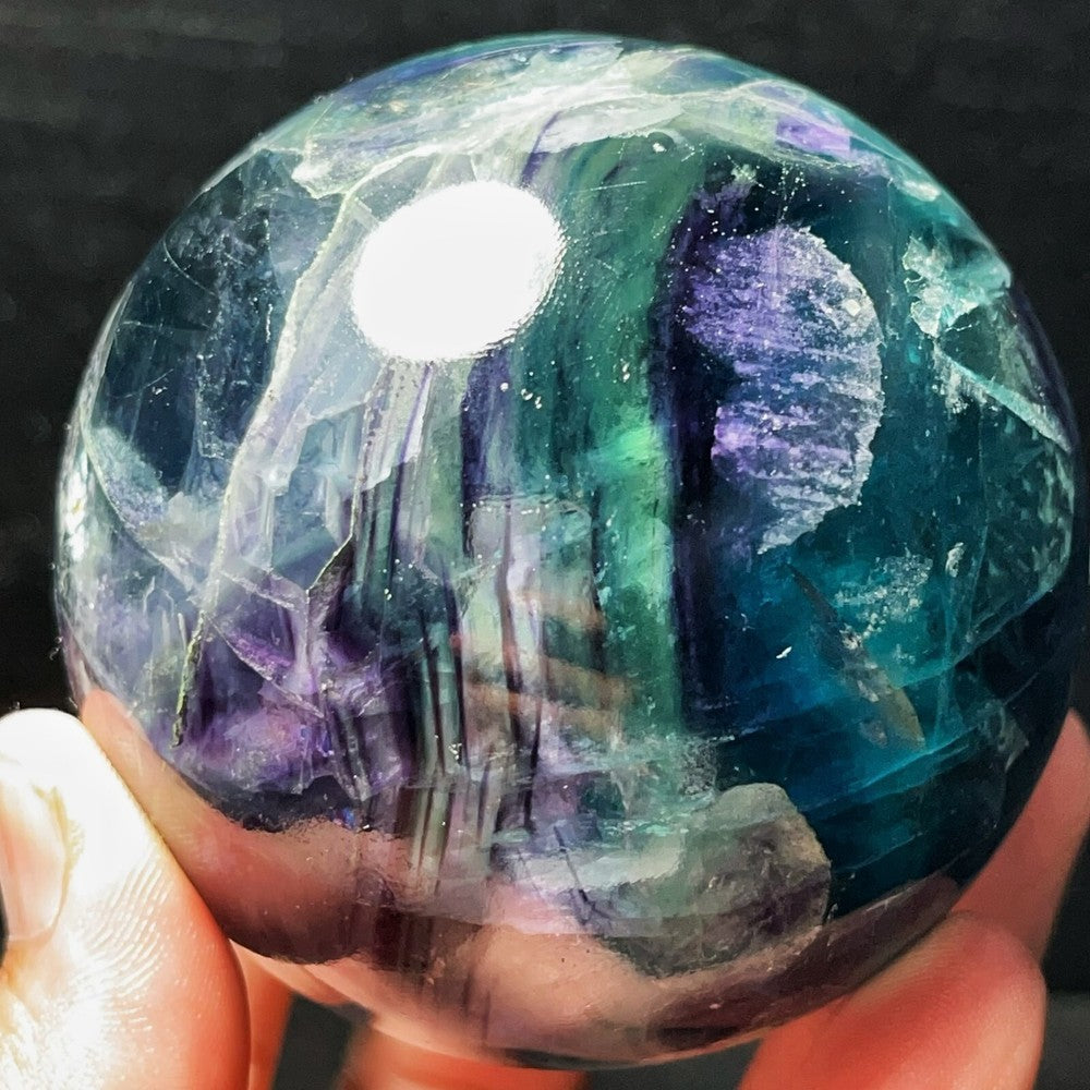 704G Natural Polished Green Purple Fluorite Sphere Crystal Healing