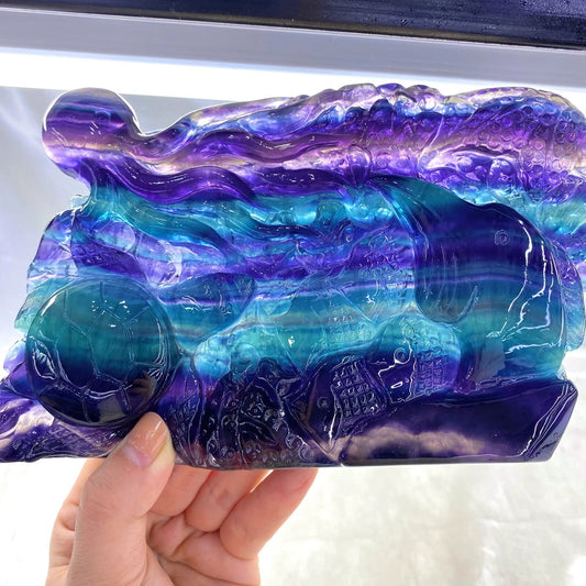 Fluorite naturelle sculptée à la main, organismes du monde sous-marin, guérison par les cristaux SL