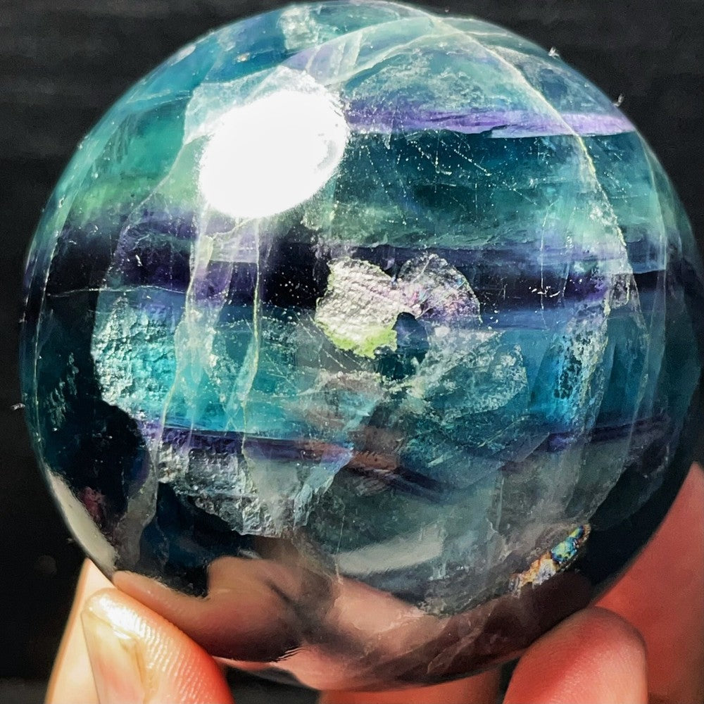 704G Natural Polished Green Purple Fluorite Sphere Crystal Healing