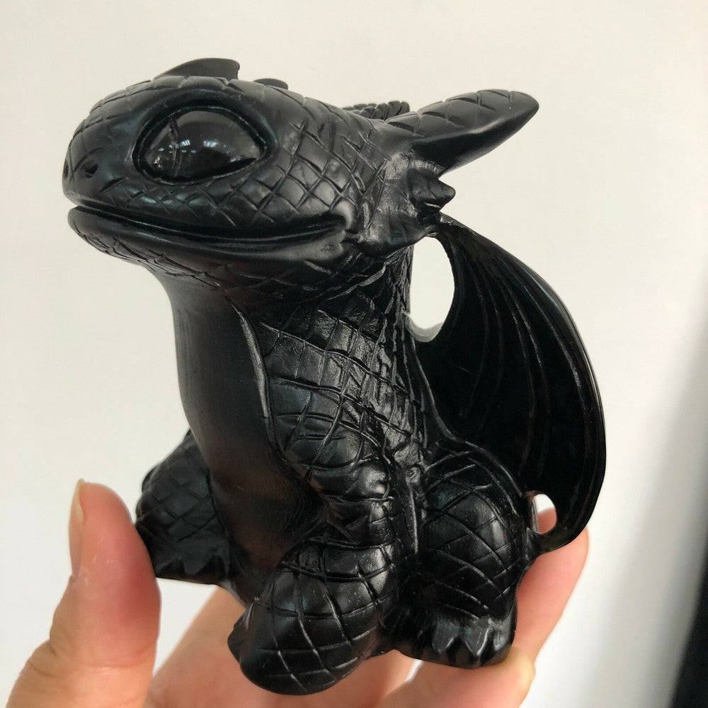 Incroyable dragon édenté en cristal de quartz d'obsidienne noire naturelle de 3,1 pouces