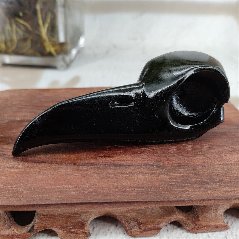 3.6" Natural Obsidian Carved Crow Skull Crystal Raven Crystal Skull Figurines