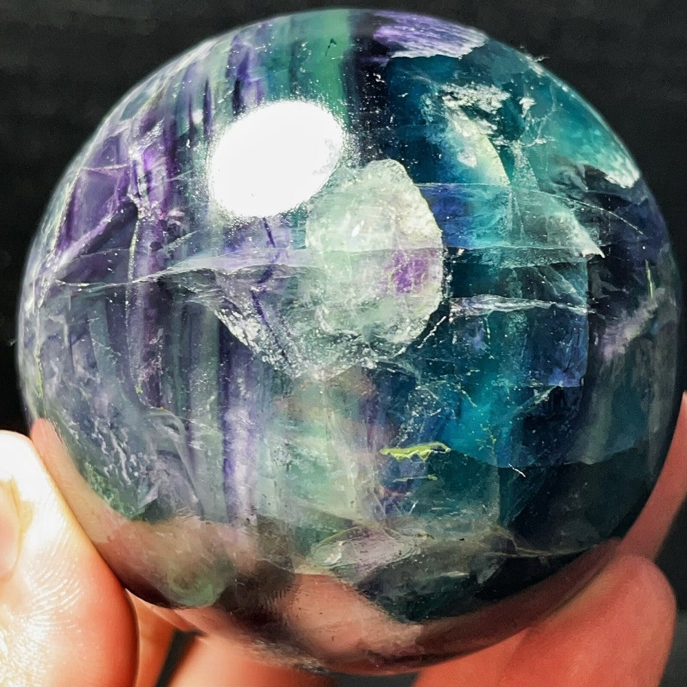 704G Natural Polished Green Purple Fluorite Sphere Crystal Healing