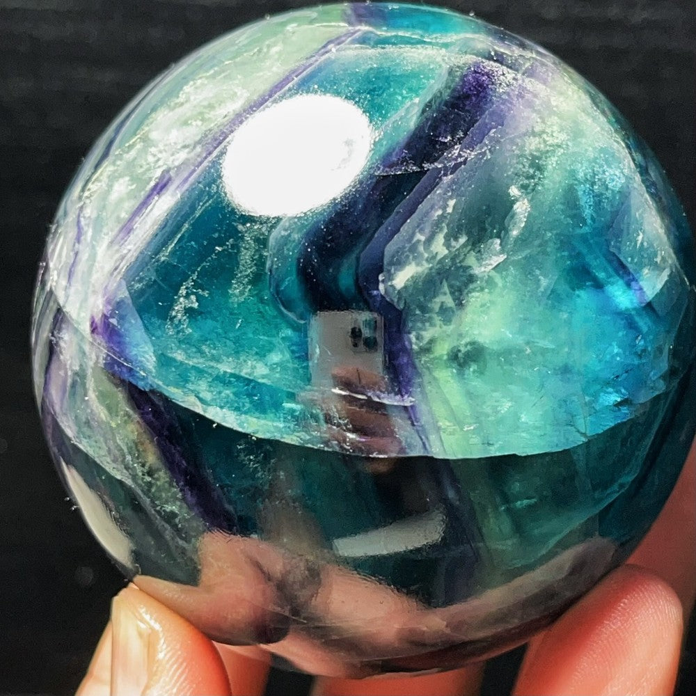 704G Natural Polished Green Purple Fluorite Sphere Crystal Healing