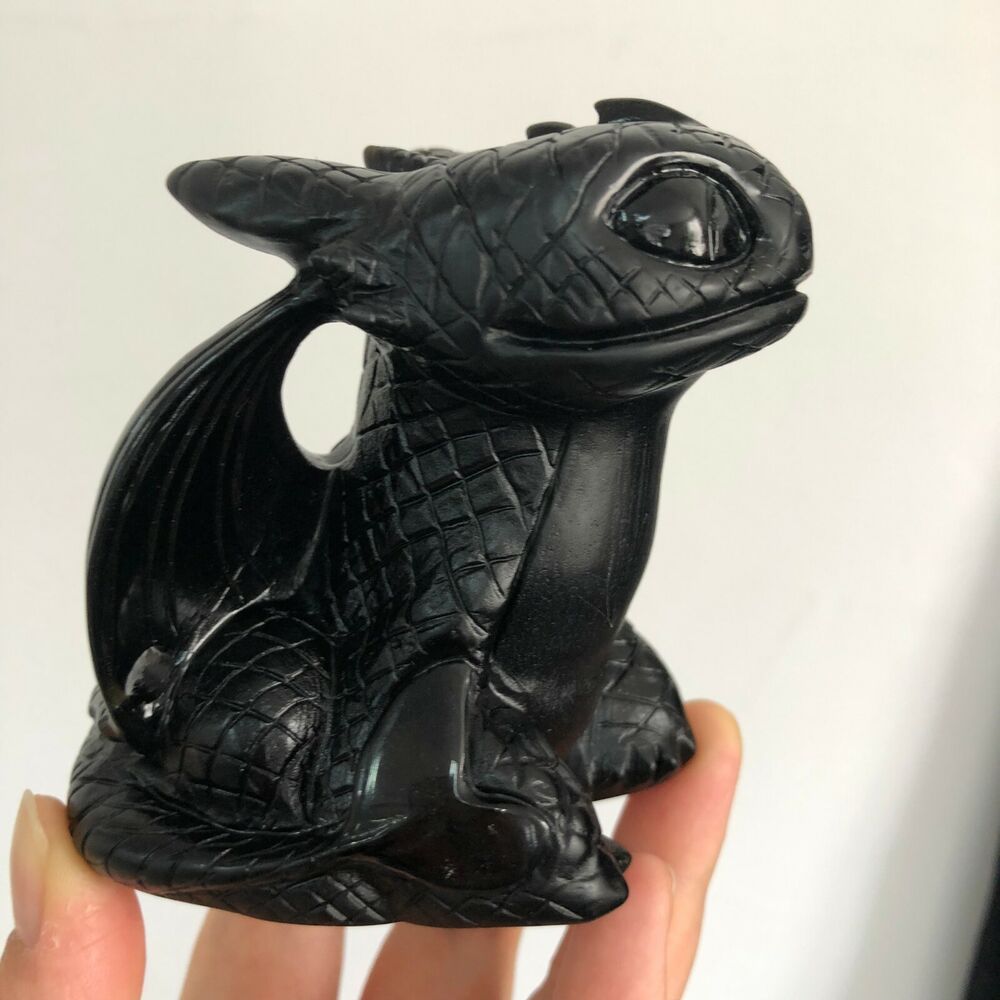 Incroyable dragon édenté en cristal de quartz d'obsidienne noire naturelle de 3,1 pouces