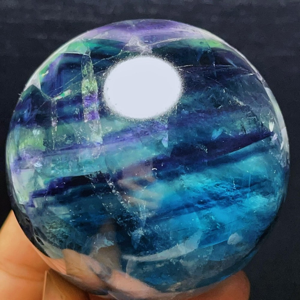 704G Natural Polished Green Purple Fluorite Sphere Crystal Healing