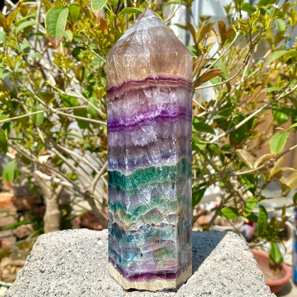 2.16LB Natural Rainbow Fluorite Obelisk Quartz Crystal Wand Tower Point Healing.