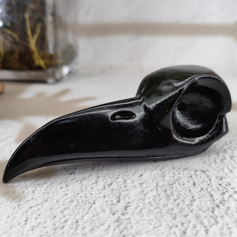 3.6" Natural Obsidian Carved Crow Skull Crystal Raven Crystal Skull Figurines