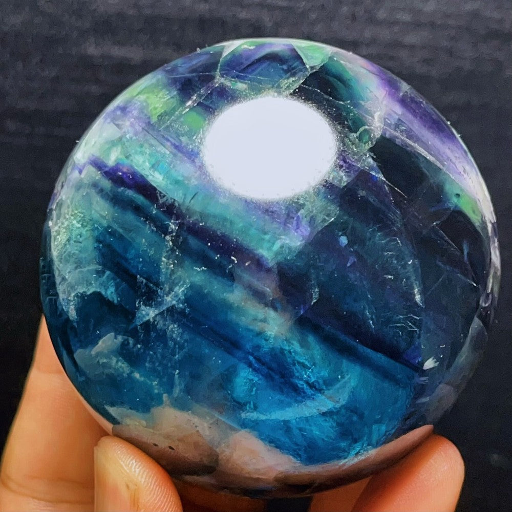 704G Natural Polished Green Purple Fluorite Sphere Crystal Healing