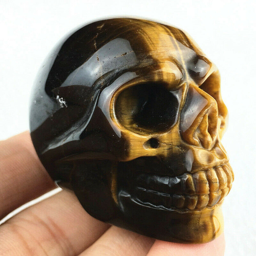 Crâne en cristal de quartz naturel sculpté en œil de tigre et jaspe, pierre de guérison, 1,8"