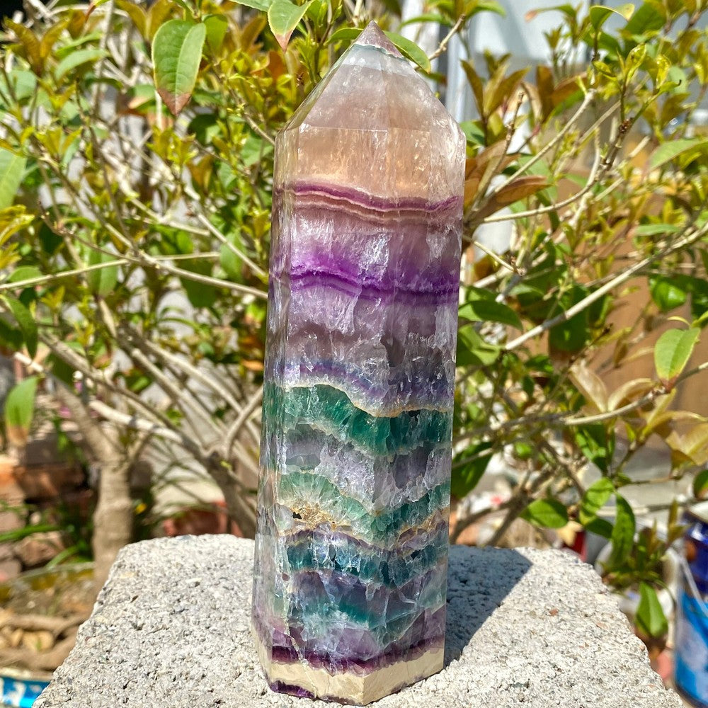 2.16LB Natural Rainbow Fluorite Obelisk Quartz Crystal Wand Tower Point Healing.