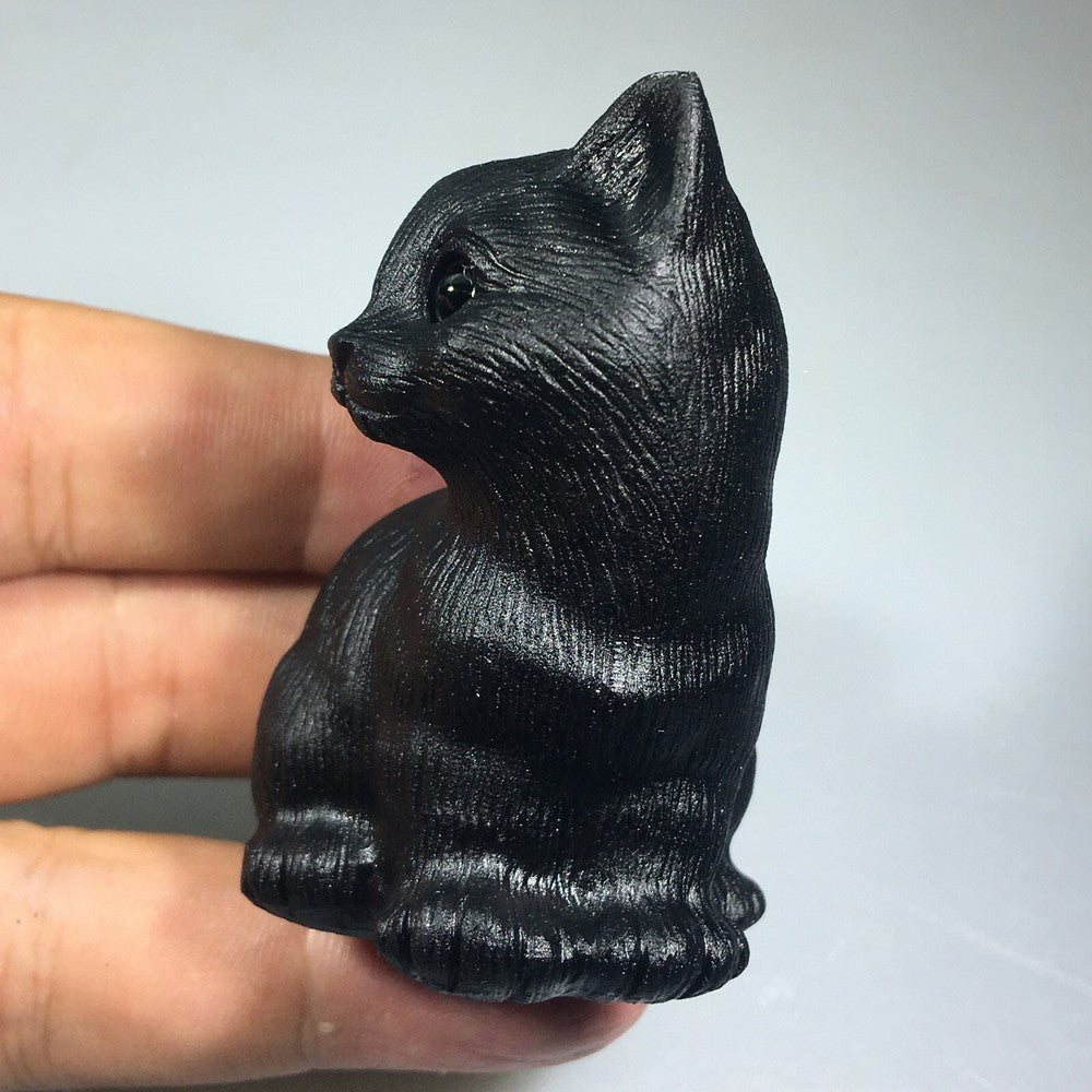 2.2“ Natural Hand Carved Quartz Cat Crystal Obsidian Cat Reiki