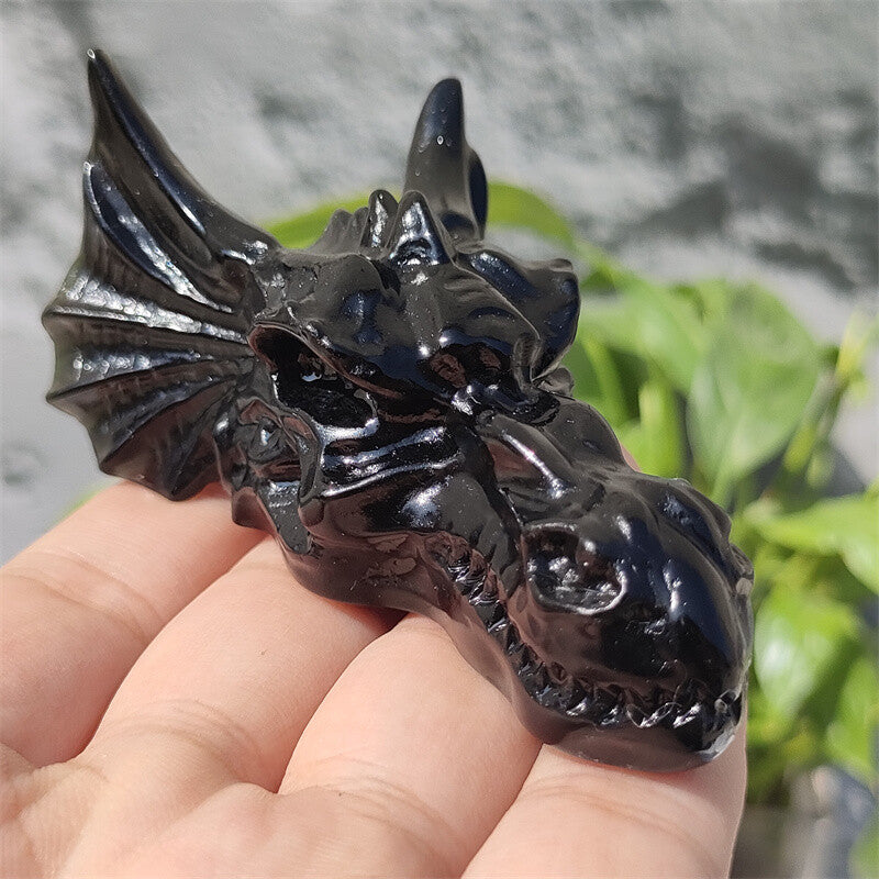 3.3" Hand Carved Natural Obsidian Dragon Quartz Crystal Skull Gift 1pc
