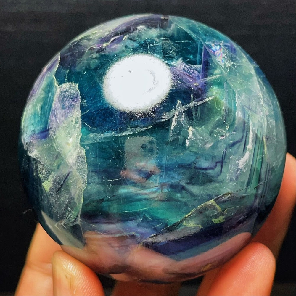 652G Natural Polished Green Purple Fluorite Sphere Crystal Healing