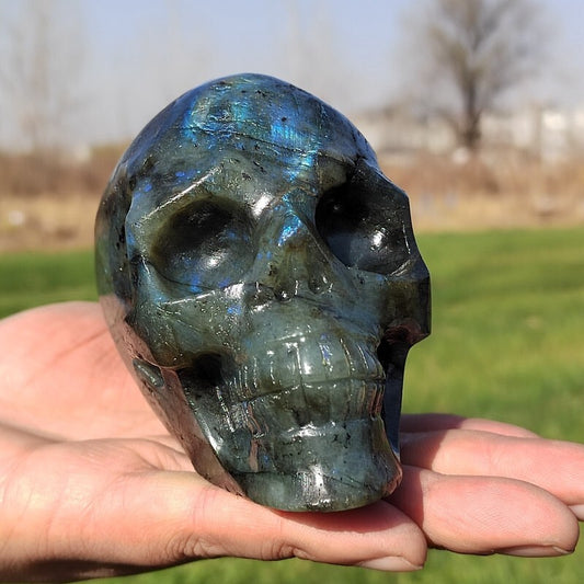 1.67LB Natural labradorite Quartz hand Carved skull crystal Reiki healing