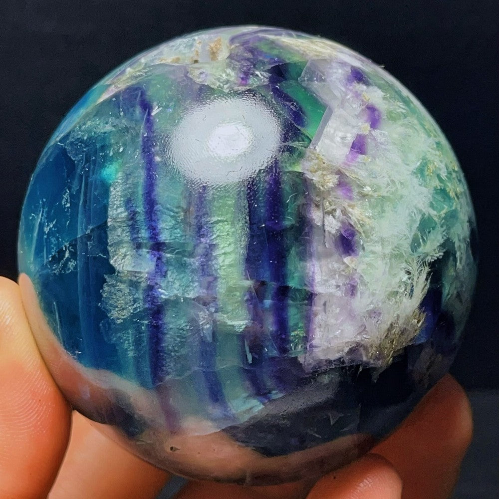704G Natural Polished Green Purple Fluorite Sphere Crystal Healing