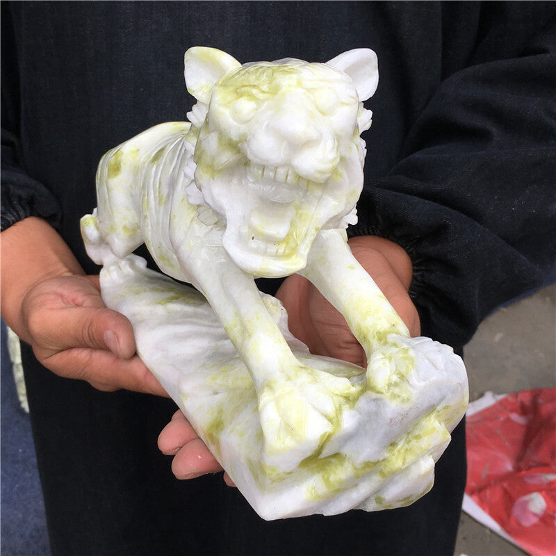 7-8LB Natural green jade tiger hand carved crystal healing 1PC