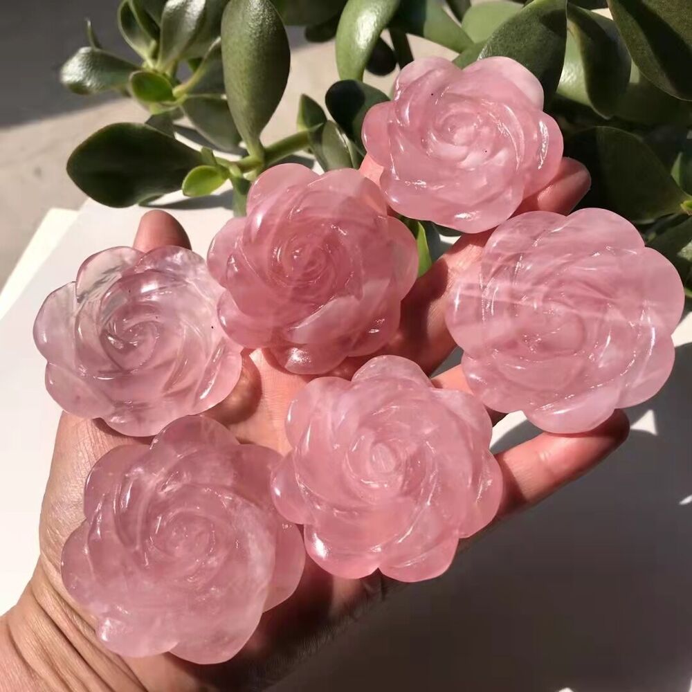 2" Natural Pink Rose Quartz Carved Rose Flowers Crystal reiki Healing 1pc