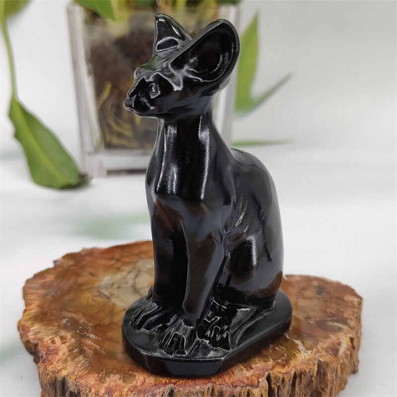 3.3" Natural Obsidian Carved Egypt cats Quartz Crystal Skull Reiki gemstone 1pc