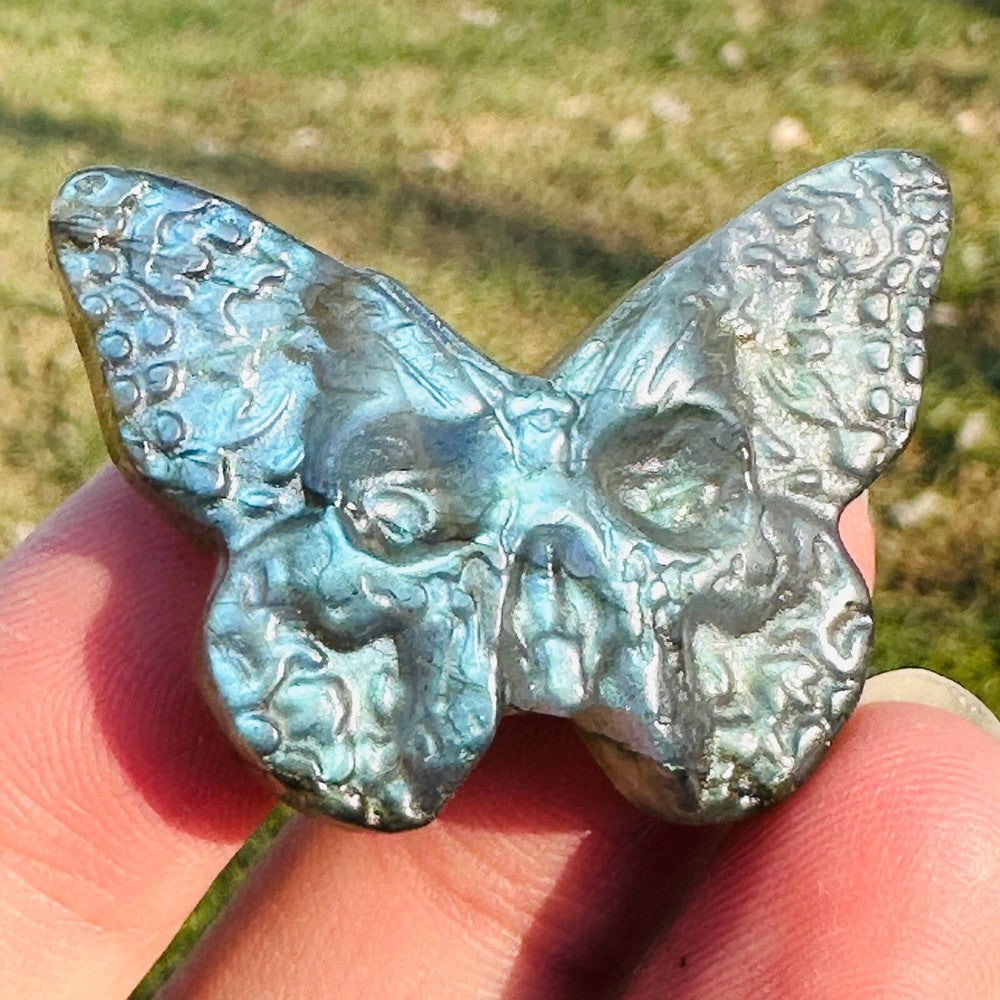 Natural Labradorite Hand Carved Butterfly Skull Quartz Crystal Specimen Healing