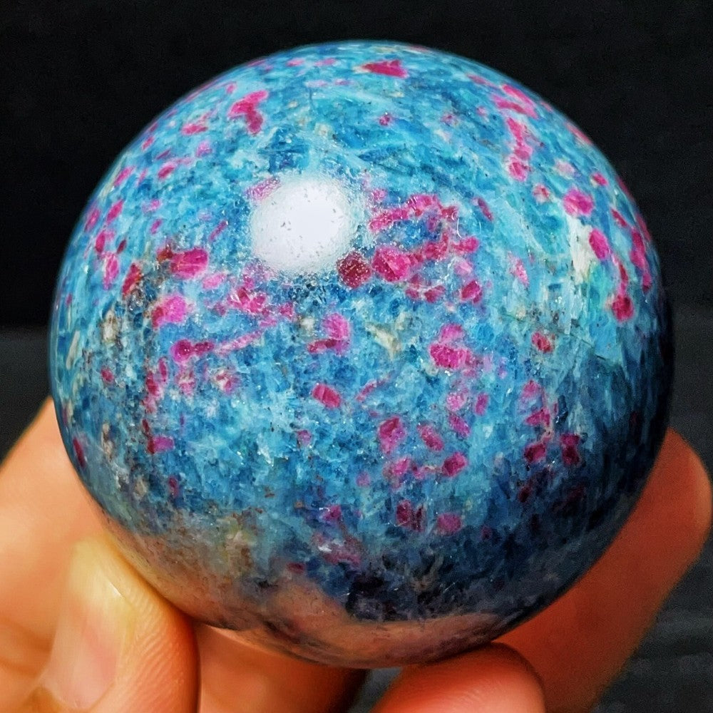 383G Natural Blue Apatite And Ruby Symbiotic Crystal Ball Healing