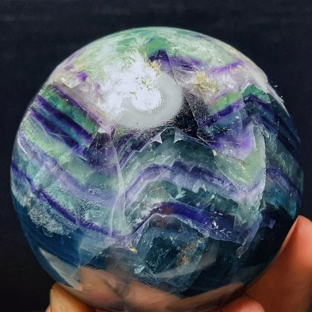 704G Natural Polished Green Purple Fluorite Sphere Crystal Healing