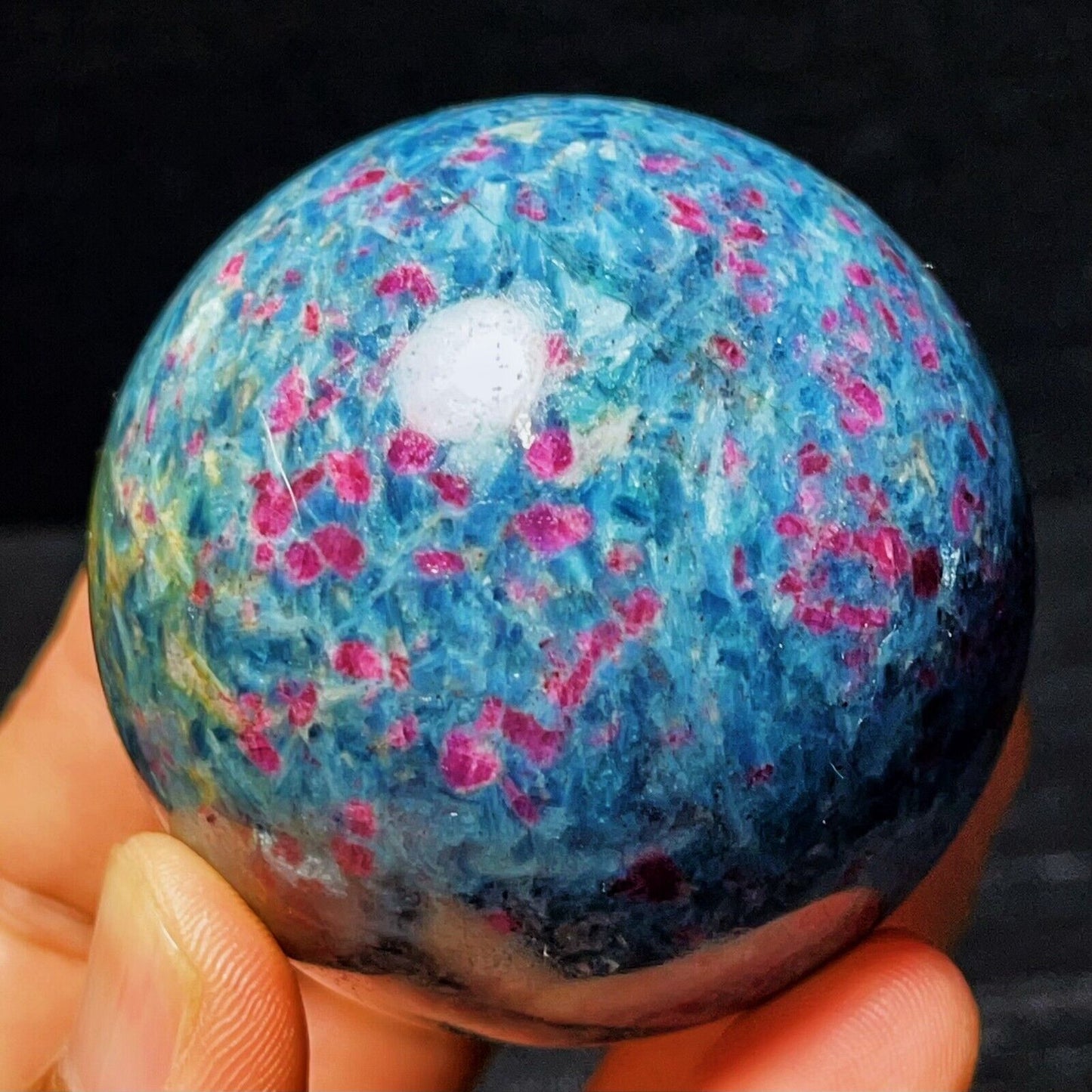 383G Natural Blue Apatite And Ruby Symbiotic Crystal Ball Healing
