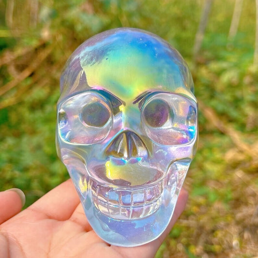 Titanium Rainbow Clear Melting stone Crystal Skull Reiki Heal Mineral Samples