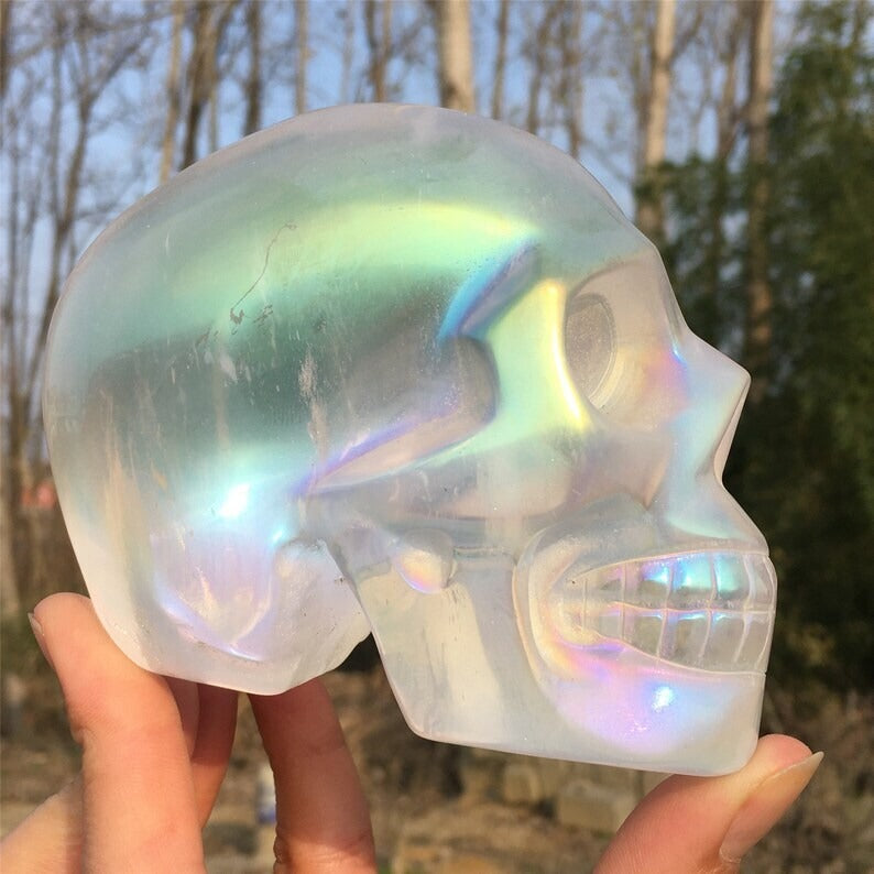 Titanium Rainbow Clear Melting stone Crystal Skull Reiki Heal Mineral Sample 1PC