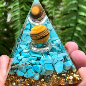 Fantasy magic Tiger's Eye Sphere Turquoise Orgone/Crystal Pyramid Orgonite/Positive Energy Generator/Chakra Energy Healing/Gift/Energy stone