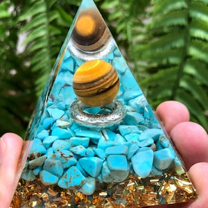 Fantasy magic Tiger's Eye Sphere Turquoise Orgone/Crystal Pyramid Orgonite/Positive Energy Generator/Chakra Energy