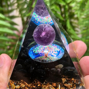 tree of Life Amethyst Sphere obsidian Orgone/Crystal Pyramid Orgonite/Positive Energy Generator/Chakra Energy