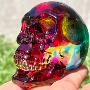 2.9" Red Titanium Rainbow Aura Lemurian skull,Quartz Hand Carved Crystal Skull, Quartz crystal skull