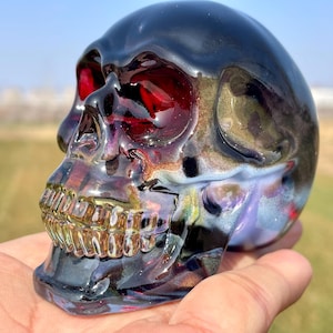 2.9" Gray Titanium Rainbow Aura Lemurian skull,Quartz Hand Carved Crystal Skull