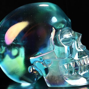 Rainbow Auratised Ocean Blue Quartz Realistic Lifesized Heavy 3kg Hand Carved 6.9" Crystal Skull Sculpture Art Object