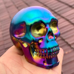 2.9" Colour Titanium Rainbow Aura Lemurian skull,Quartz Hand Carved Crystal Skull