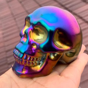 2.9" Colour Titanium Rainbow Aura Lemurian skull,Quartz Hand Carved Crystal Skull