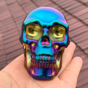 2.9" Colour Titanium Rainbow Aura Lemurian skull,Quartz Hand Carved Crystal Skull
