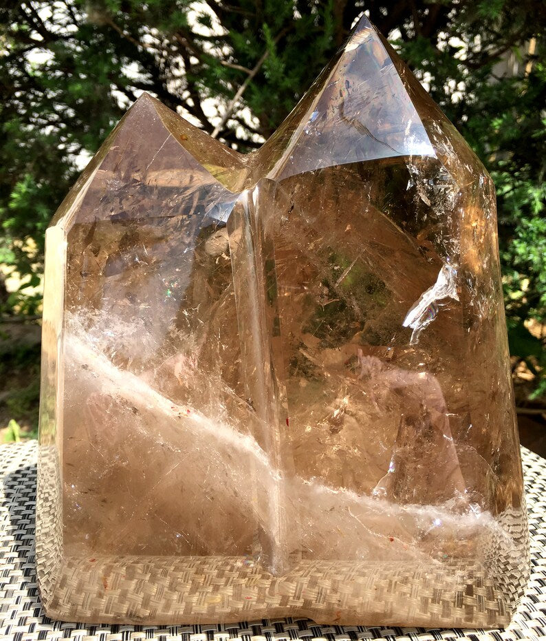 Rare Double Point Clear Rainbow Smoky Crystal Quartz Point/Clear Crystal Tower Meditation Stone/Healing Stone/Chakra