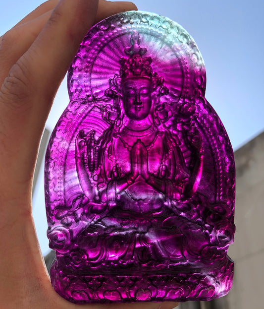 Hand carved raw rainbow color fluorite Buddha Figurine/Hand Sculpture fluorite cluster decoration
