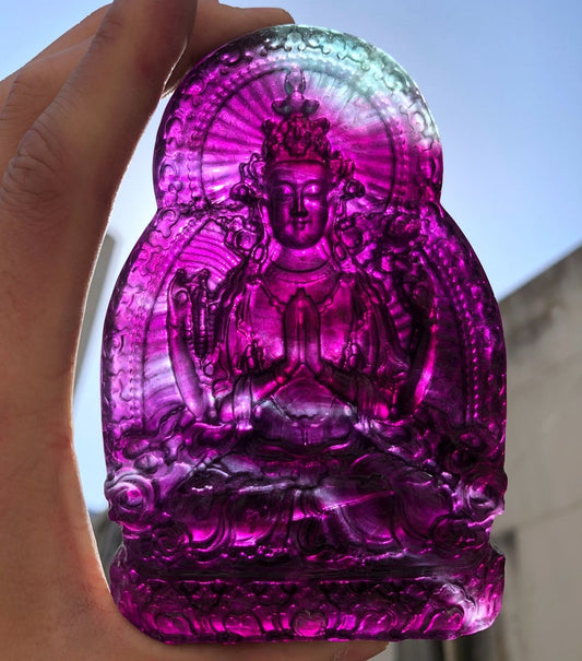 Hand carved raw rainbow color fluorite Buddha Figurine/Hand Sculpture fluorite cluster decoration
