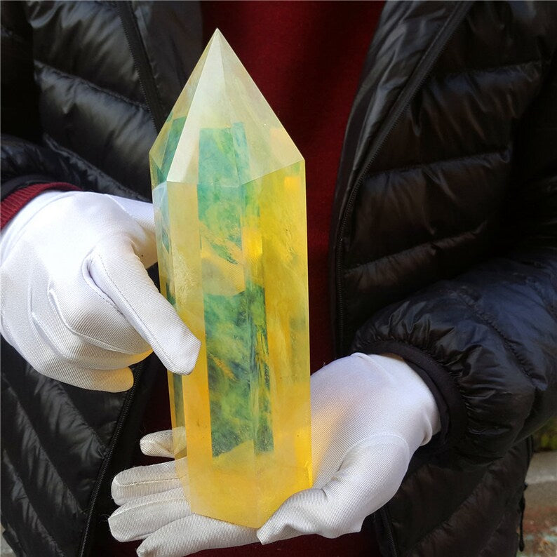 Lemon Smelt Yellow Crystal Quartz Point Obelisk/Clear Smelt Quartz Healing Stone/Reiki