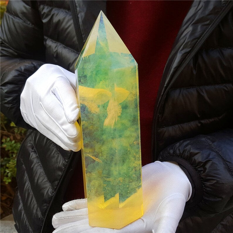 Lemon Smelt Yellow Crystal Quartz Point Obelisk/Clear Smelt Quartz Healing Stone/Reiki
