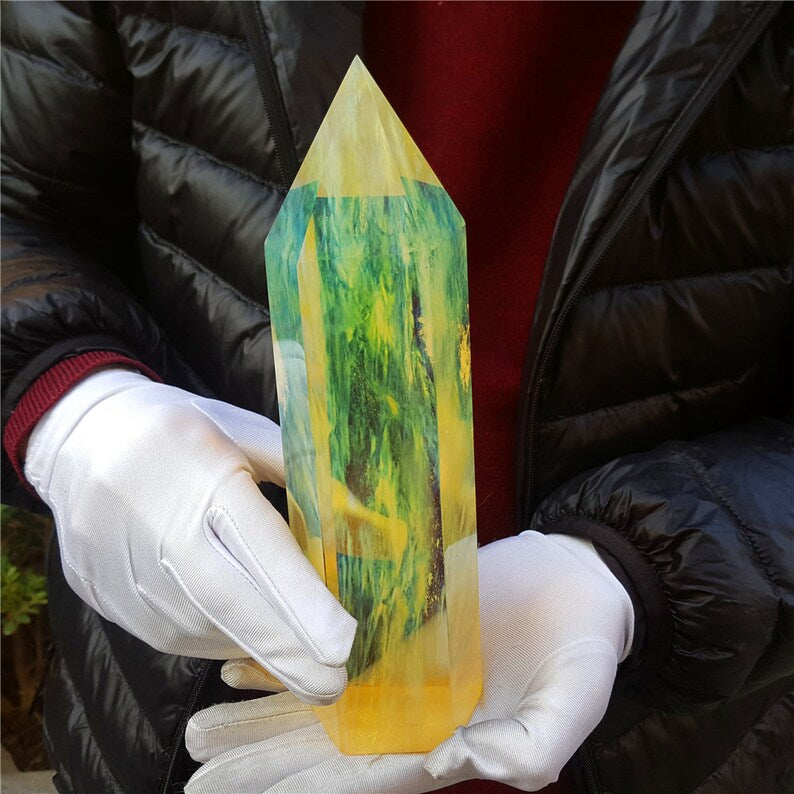 Lemon Smelt Yellow Crystal Quartz Point Obelisk/Clear Smelt Quartz Healing Stone/Reiki